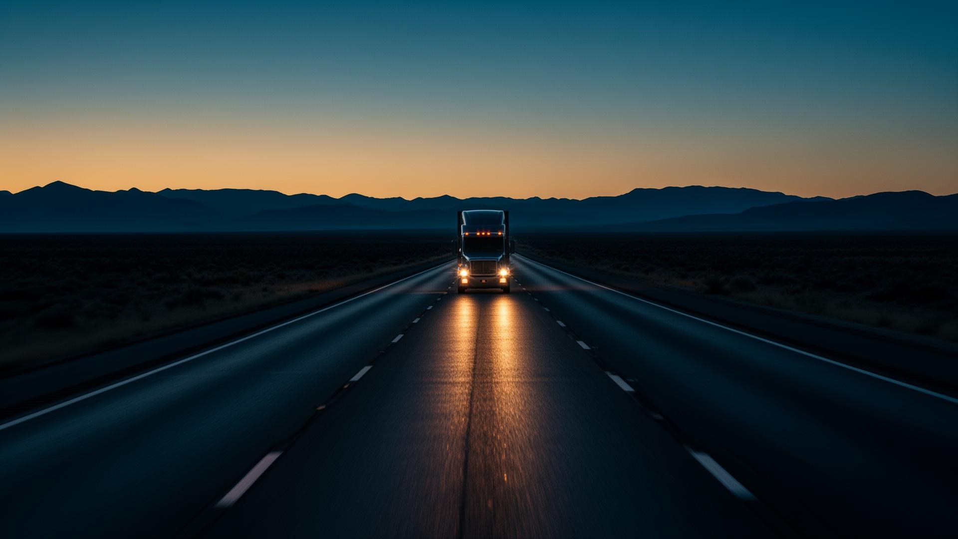 Ruta nocturna con camión al horizonte